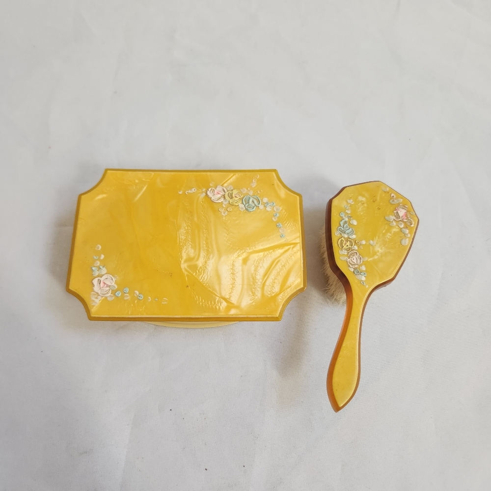 Vintage Child Celluloid Vanity Jewelry Trinket Box Floral Lucite Brush